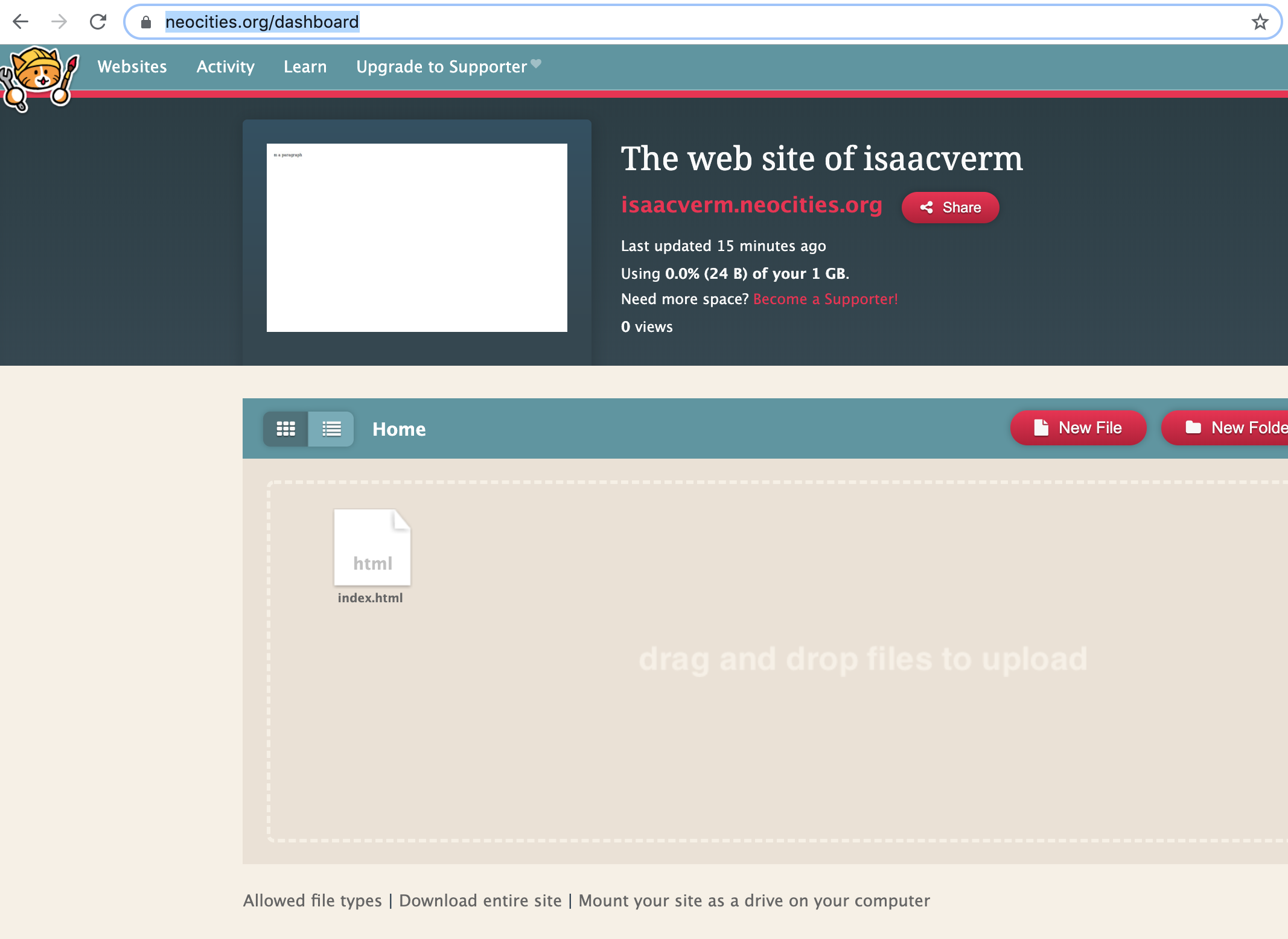 Neocities dashboard
